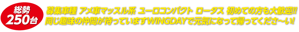 募集車種 アメ車マッスル系 ユーロコンパクト ロータス 初めての方も大歓迎!!同じ趣味の仲間が待っていますWINGDAYで元気になって帰ってくださ〜い!